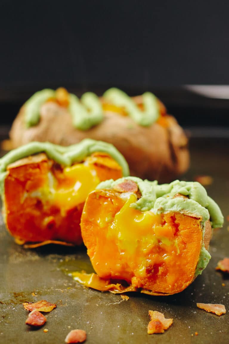 Sweet Potato Egg Boats [Avocado Crema + Bacon] - The Healthy Maven