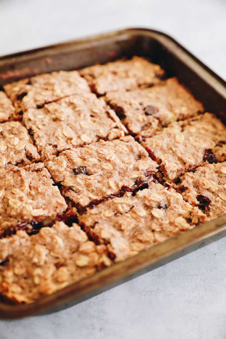 Baked breakfast bars cut into 12 squares in and 8 x 8 baking dish.