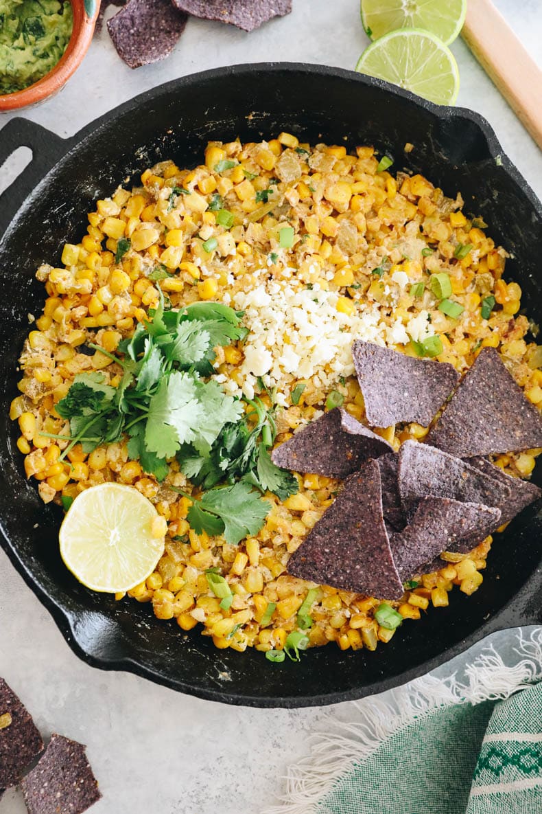 Mexican Street Corn Dip in a cast iron skillet.