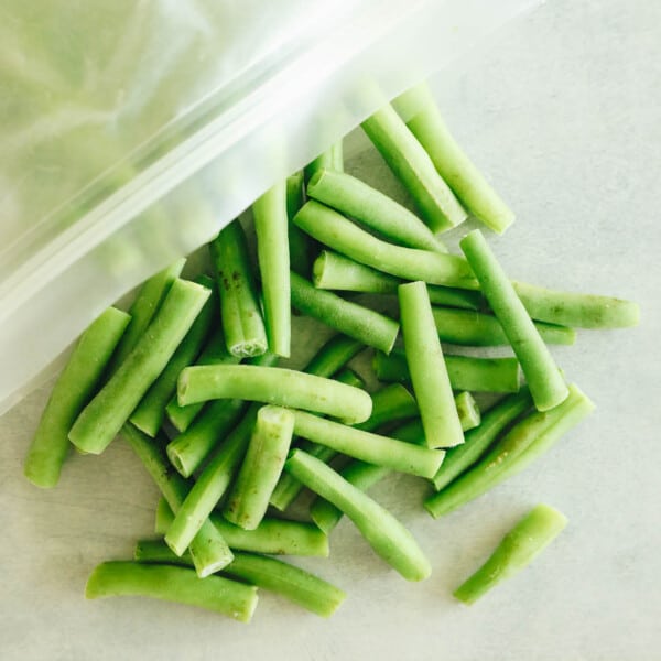 frozen green beans in a freezer bag.