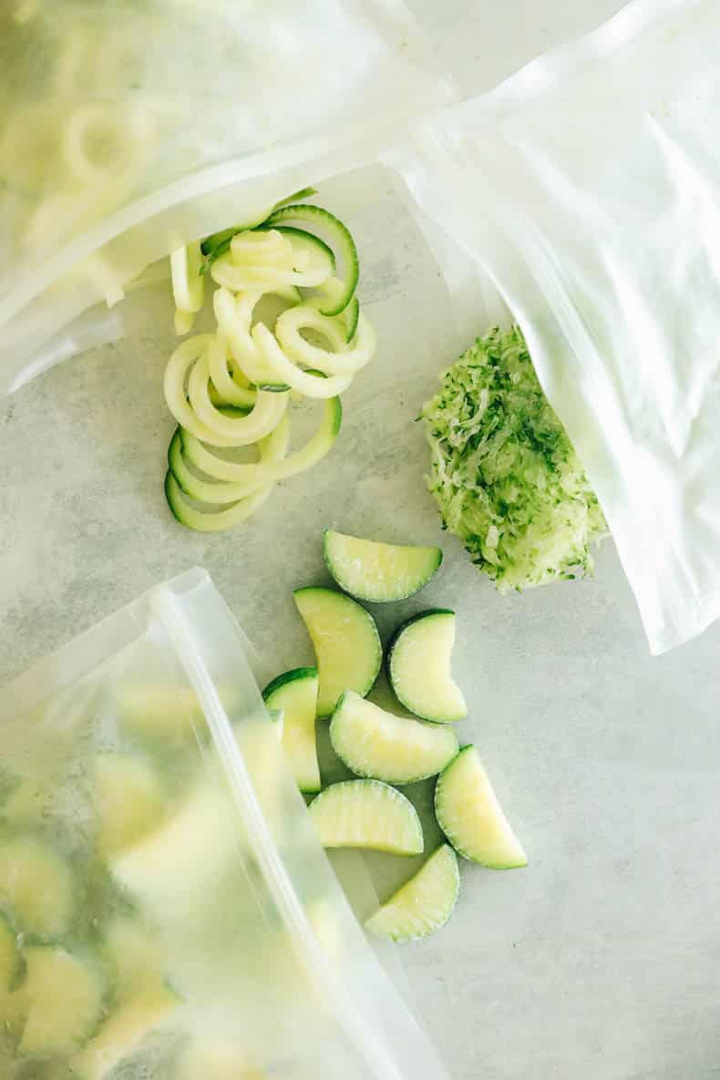 frozen zucchini- 3 ways - chopped, shredded and spiralized.