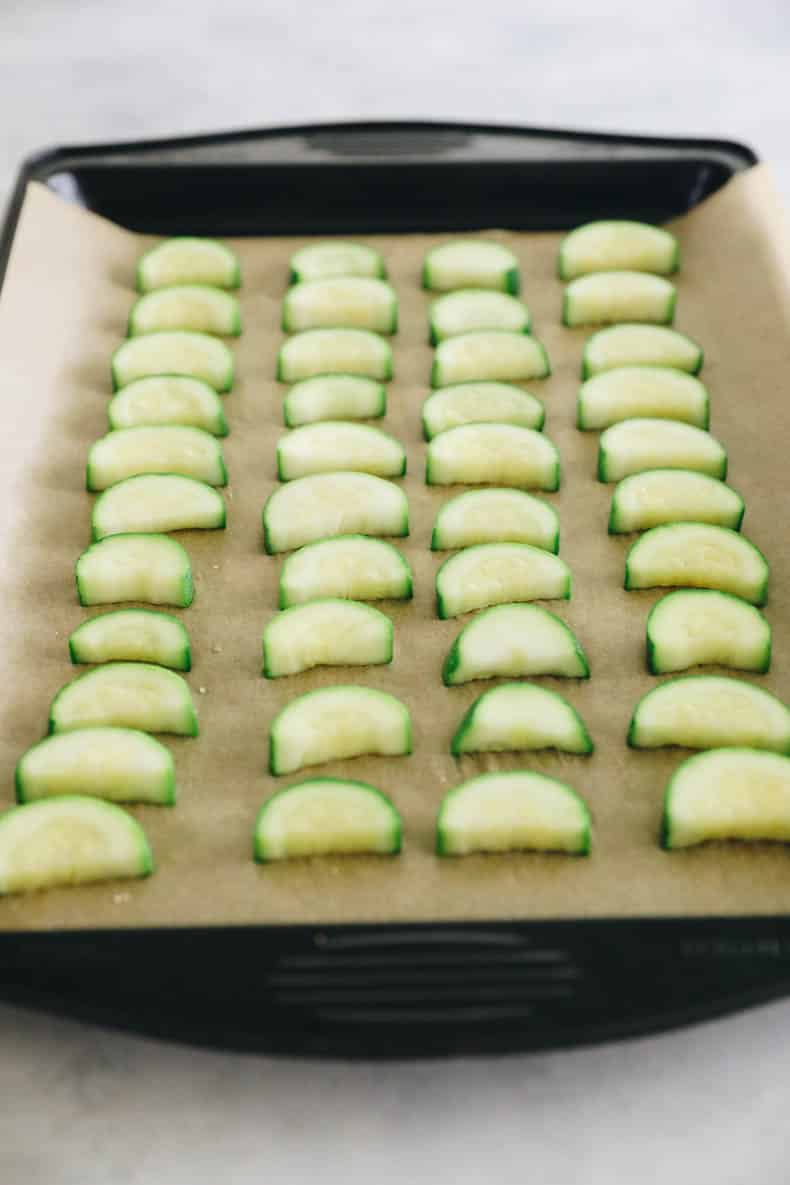 frozen zucchini on a sheet pan.