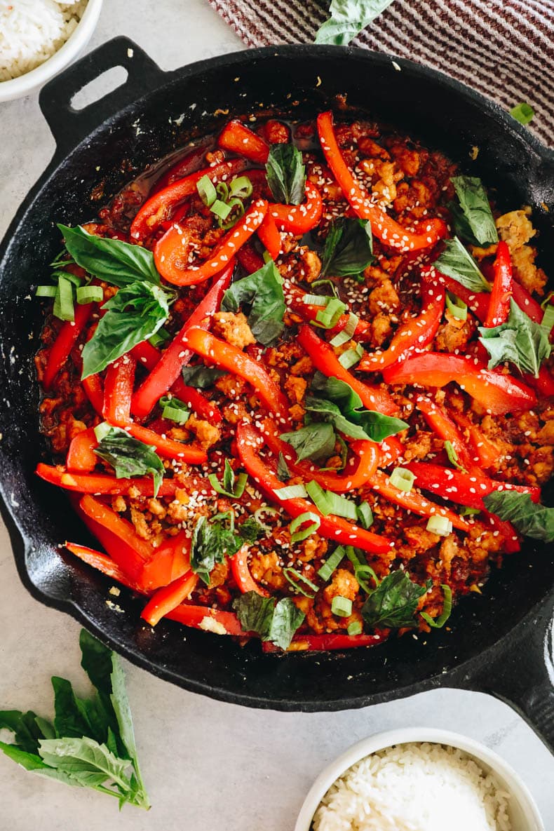 gochujang chicken and veggies in a skillet