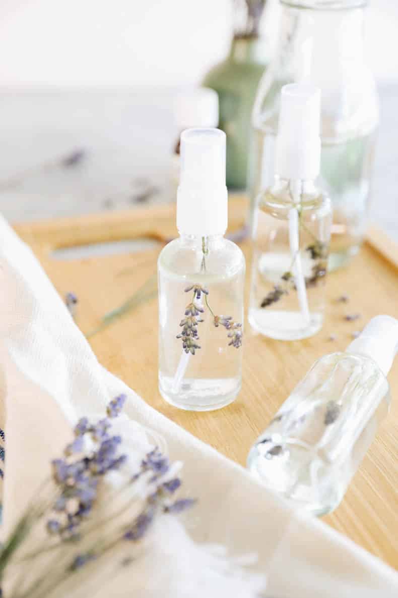 Lavender spray in a glass spray bottle.