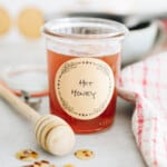 hot honey in a small mason jar with a brown label that says 