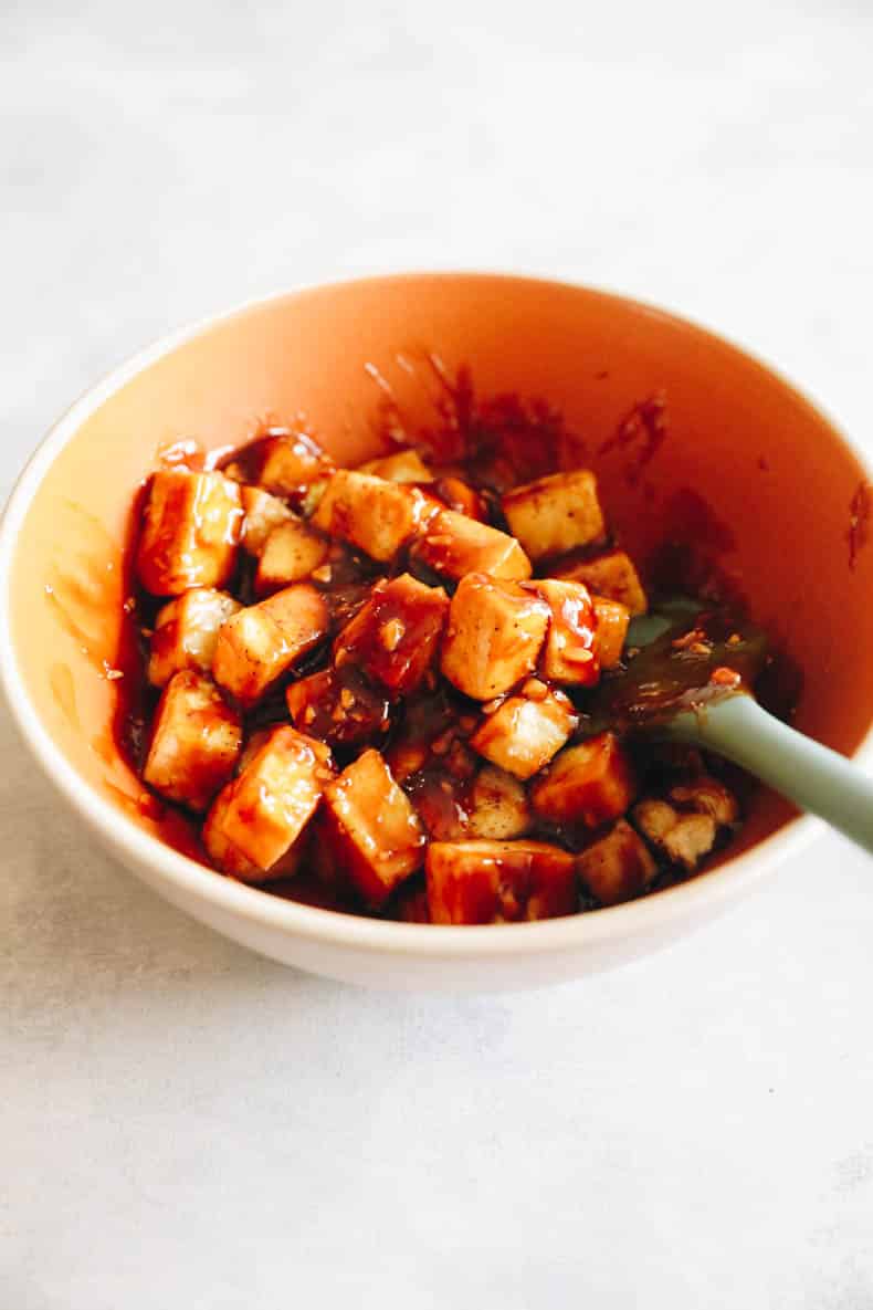 Grilled tofu coated in a sticky honey garlic sauce.