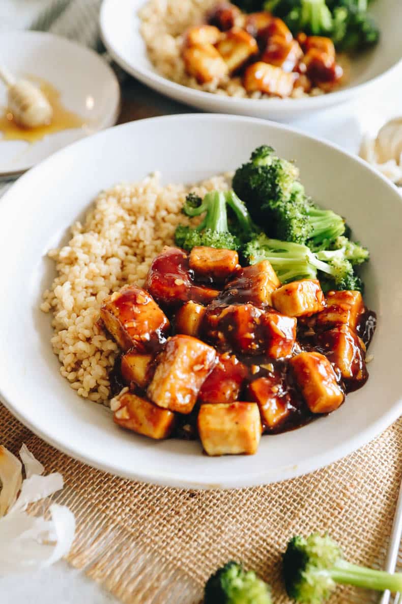 honey garlic baked tofu with rice and broccoli