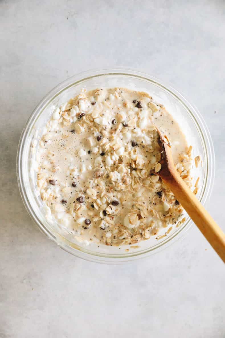 Cheesy overnight oats in glass bowl