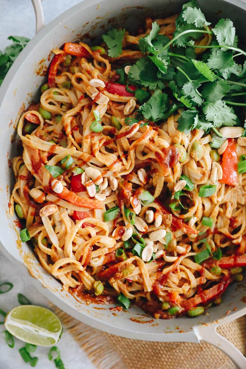 The top view shows peanut butter rice noodles with Sriracha, lime, and cilantro.