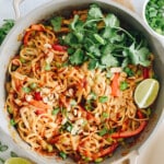 Spicy peanut noodles in a pot with cilantro, lime, crushed peanuts and scallions