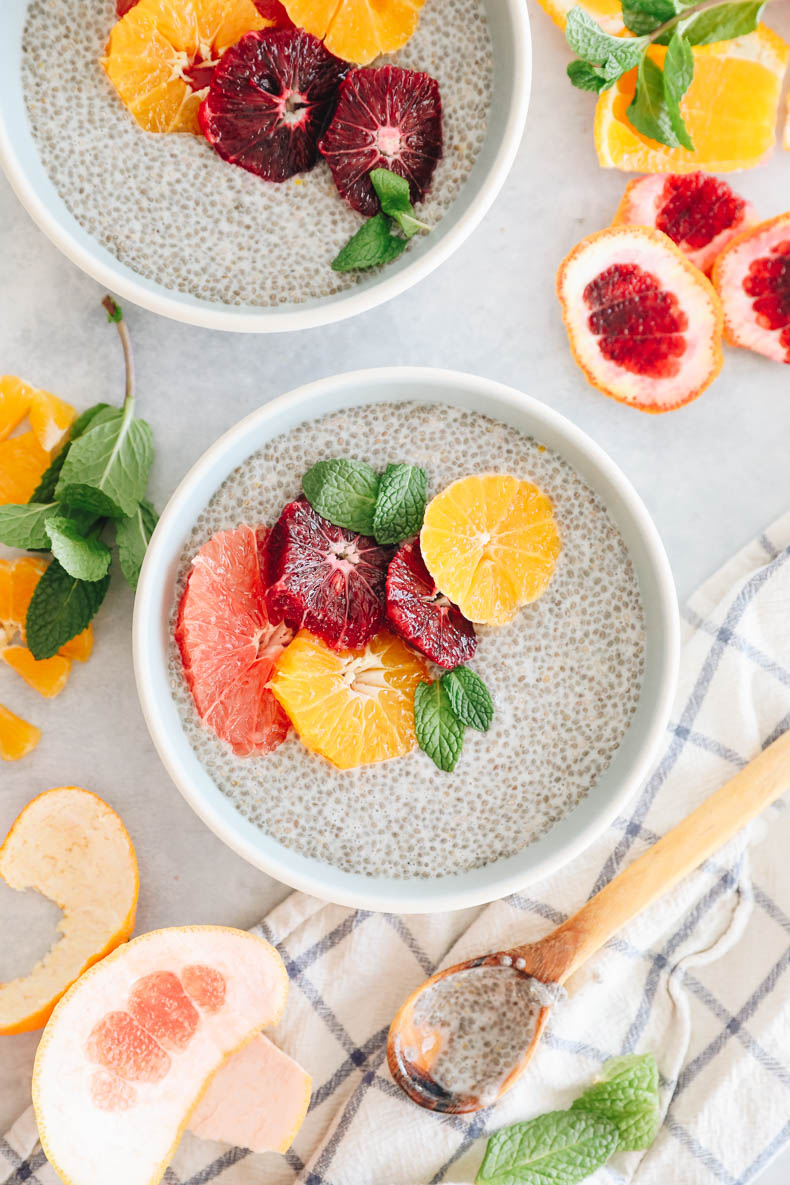 5 minute chia pudding in a bowl topped with winter citrus.