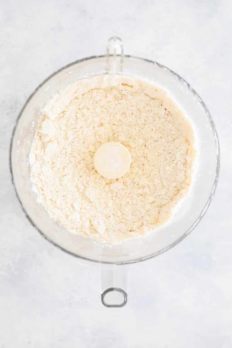 pebbly almond flour pie crust in a food processor