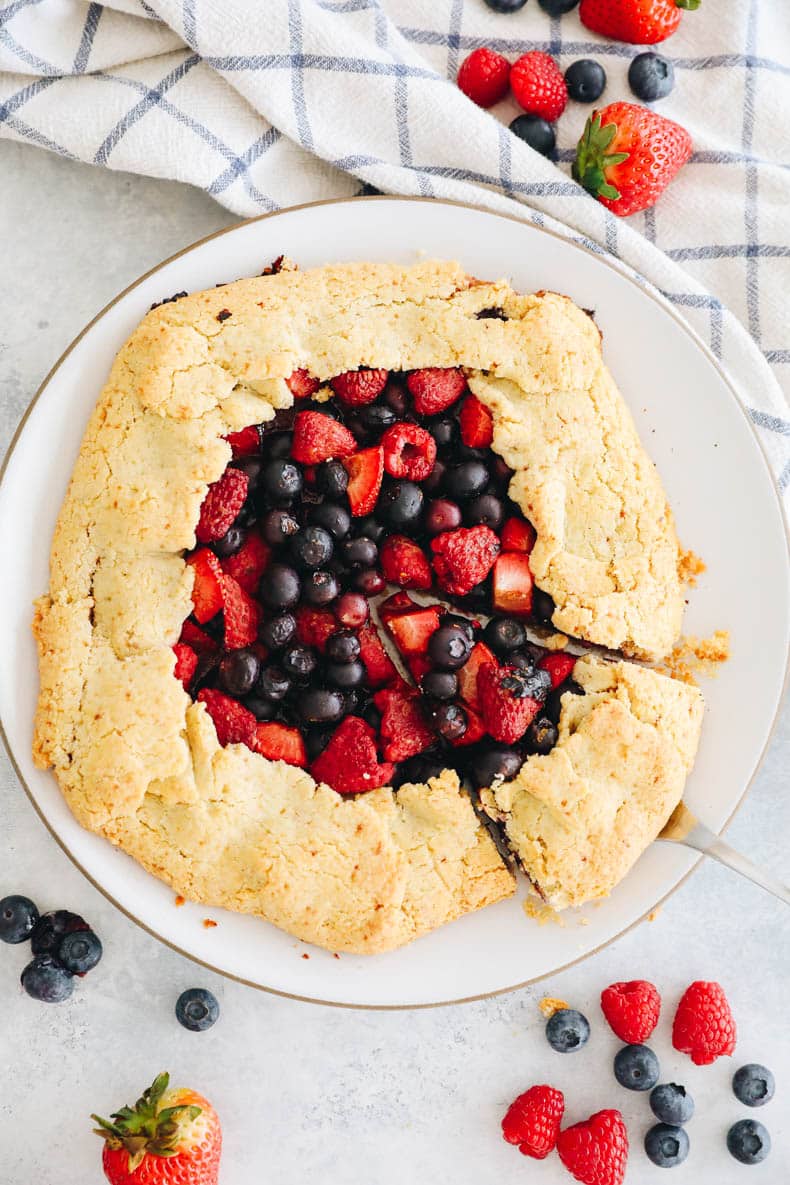 overhead image of a mixed berry almond flour galette.