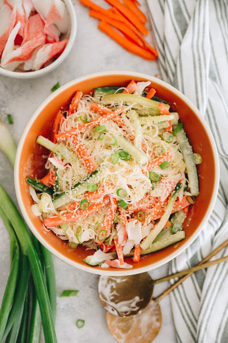 kani salad in a large orange bowl.