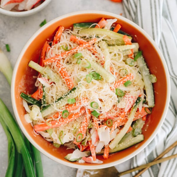 kani salad with surimi, carrot, cucumber, sesame seeds + green onions.