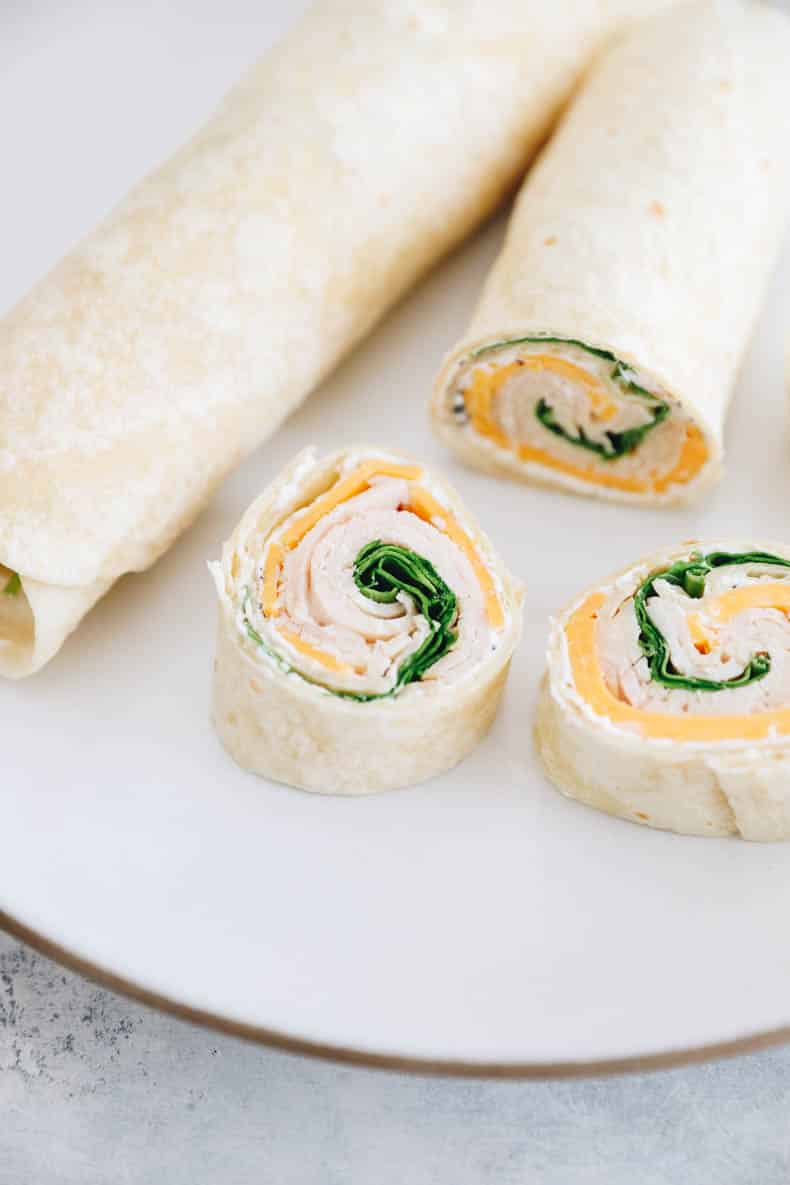 turkey pinwheel sandwiches on a white plate